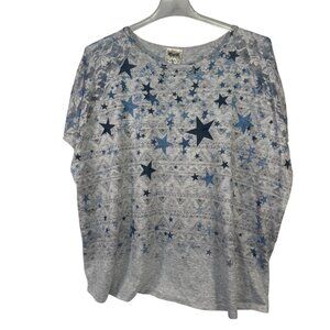 Vocal Size 3X Star-Patterned Gray & Blue Top With Sheer Lace Sleeves